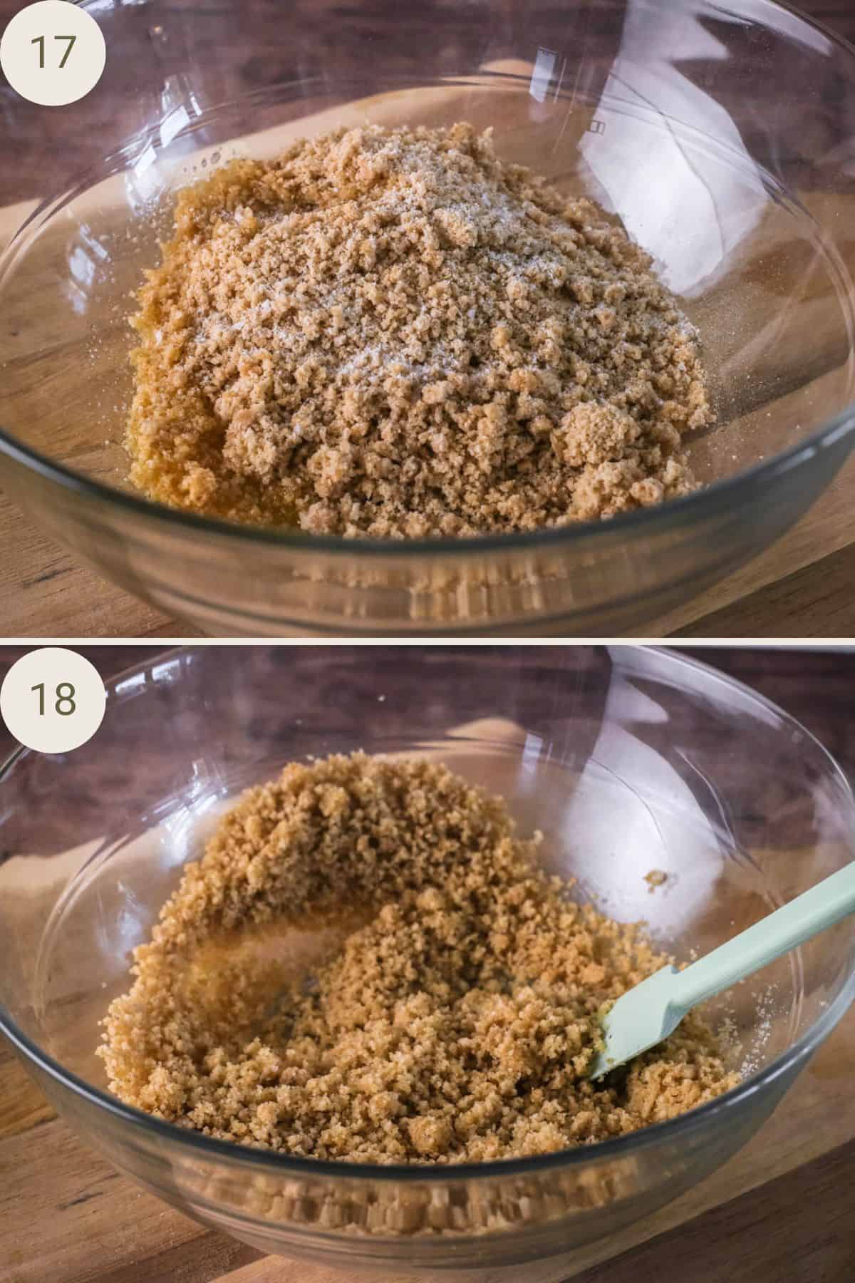 Buttery breadcrumb ingredients being mixed in a bowl.
