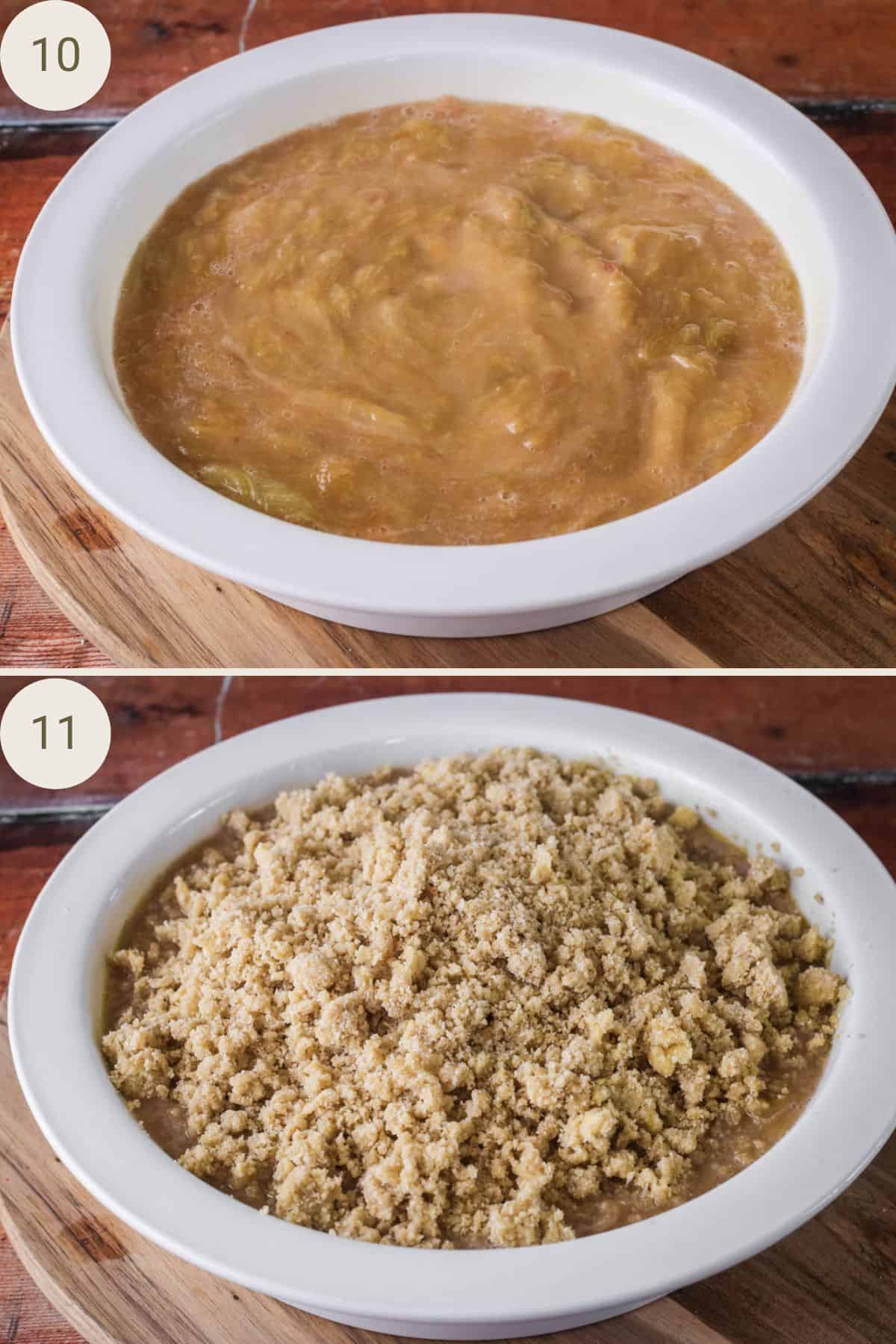 Rhubarb filling in baking dish. Crumble scattered over the top.