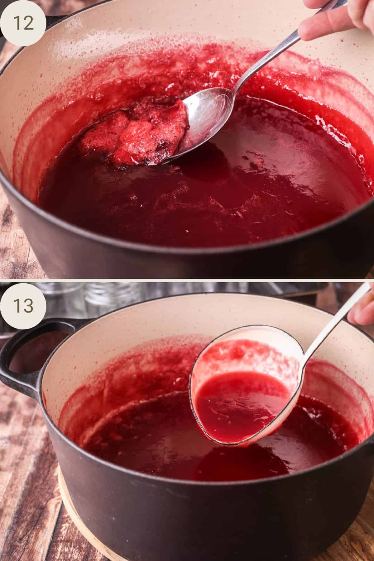 Scum spooned off the top of the ready jam. Ladle spooning up the jam.