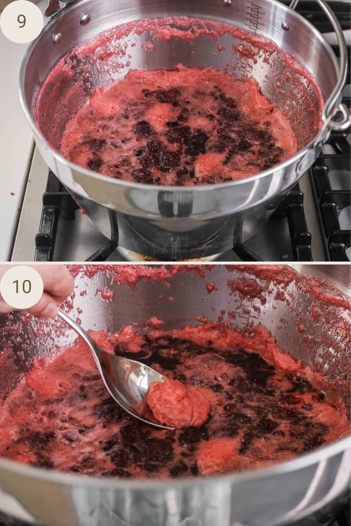 Jam ready in maslin pan. Spoon scooping out the scum from the surface.