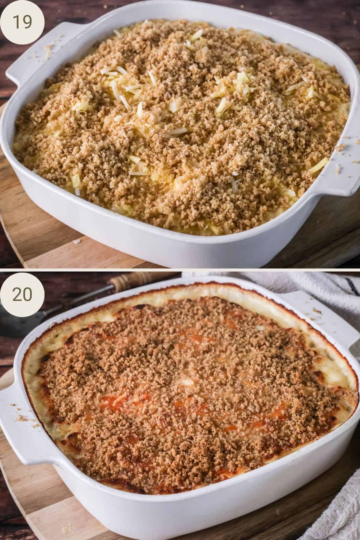 Cheese topping added to top of pasta and sauce, followed by buttery breadcrumbs. Then golden after baking.