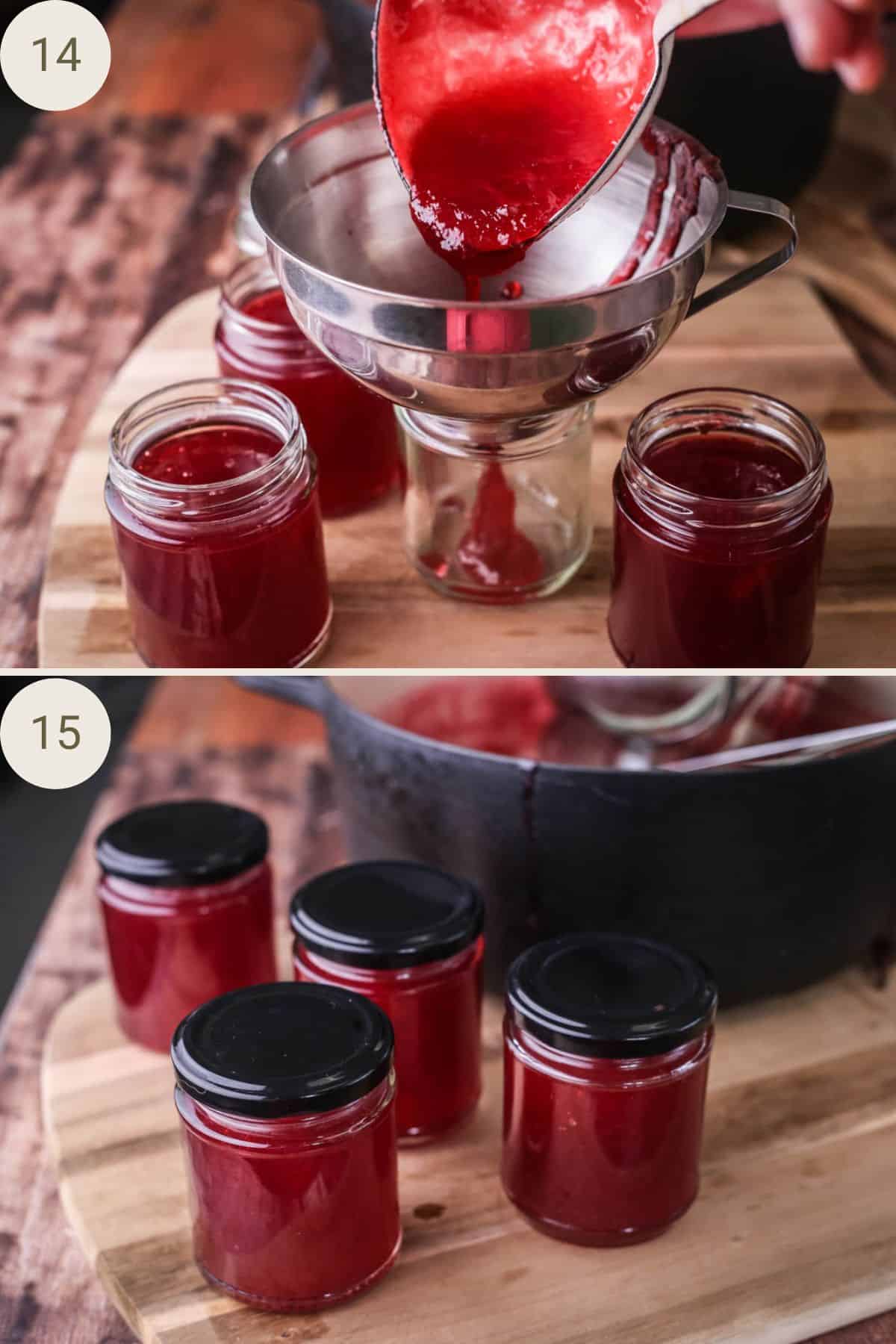 Ladle pouring the hot jam into jars through a jam funnel. Lids sealing filled pots of jam.