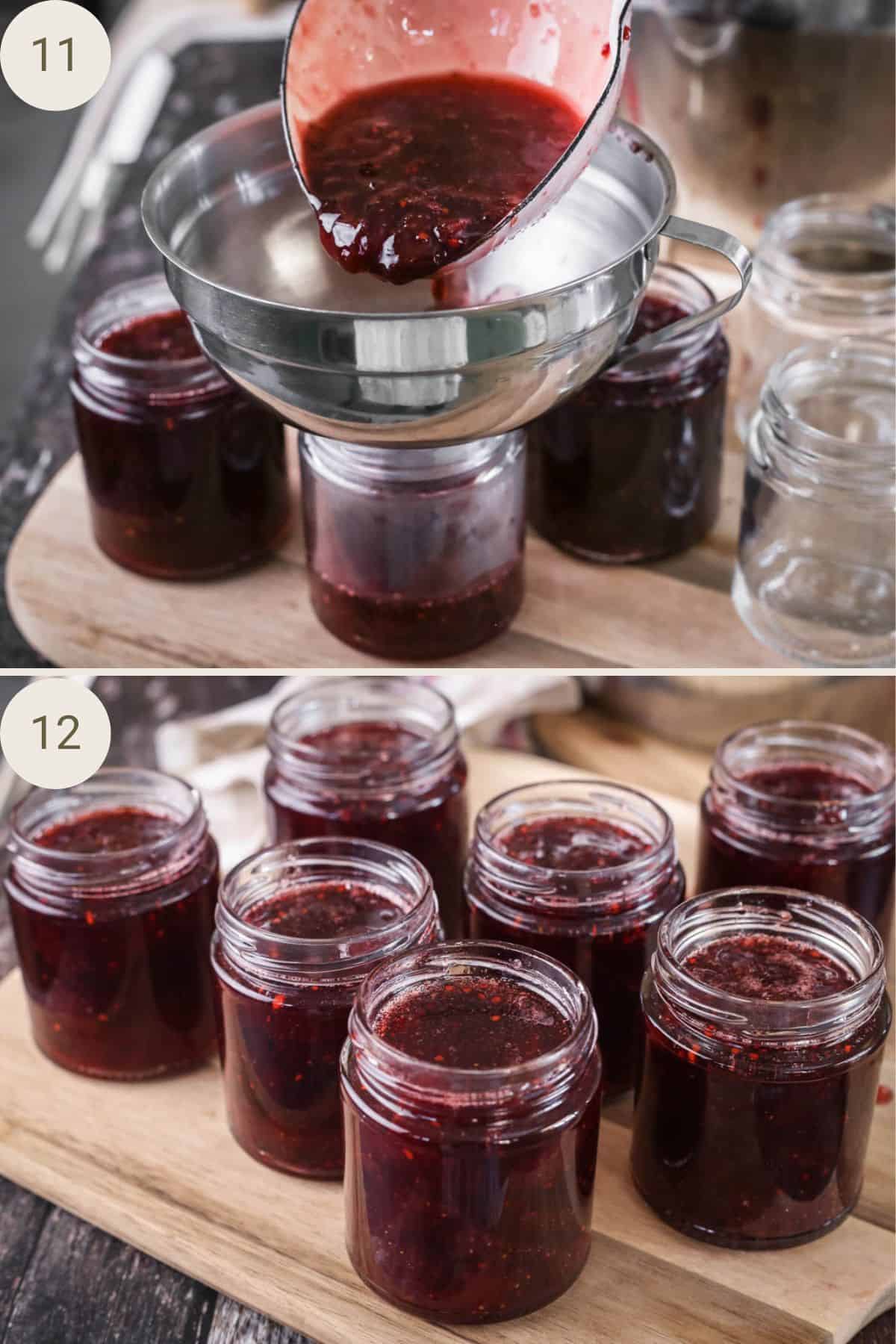 Jam potted into sterilised jars using a ladle and a jam funnel.