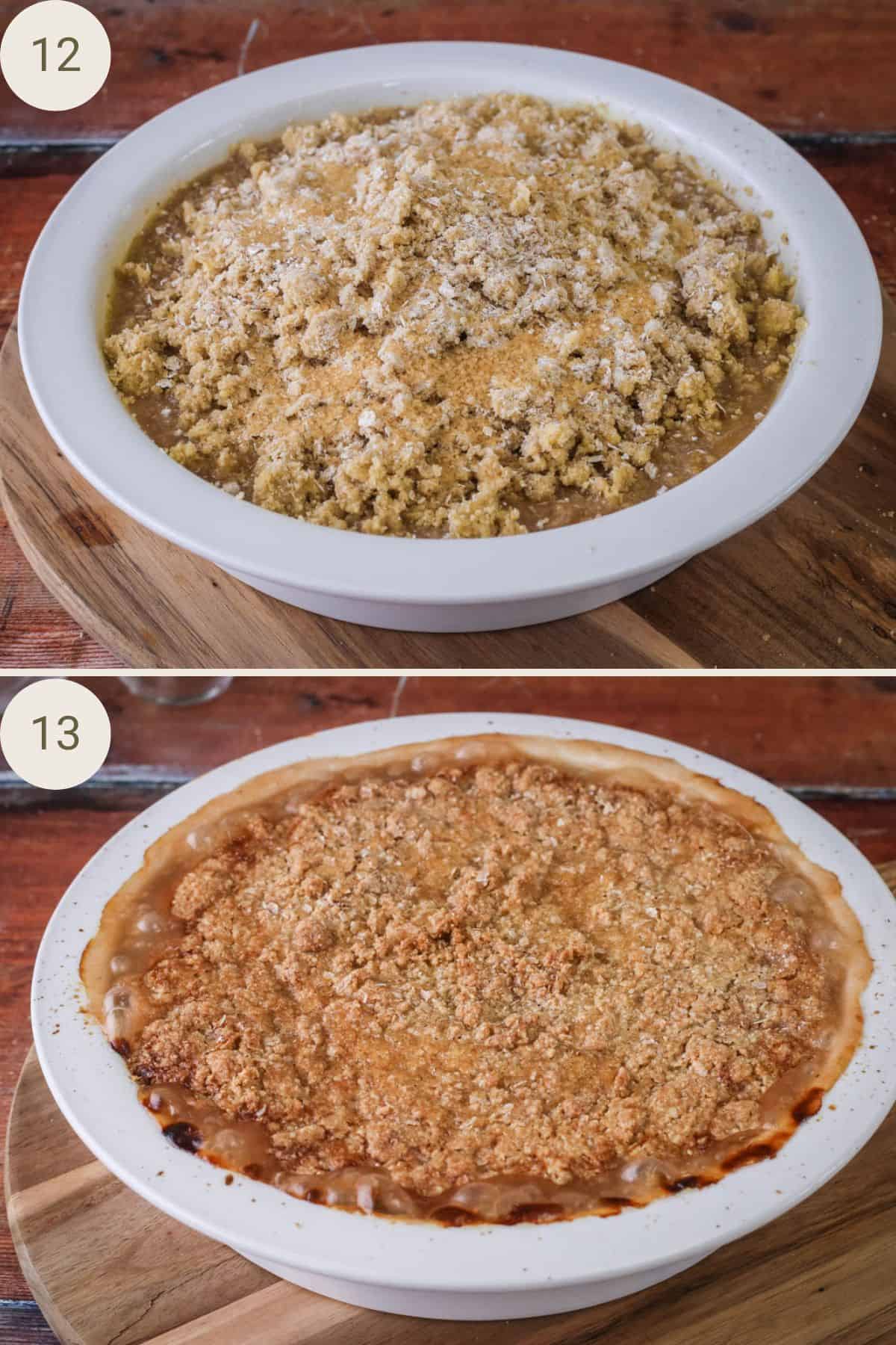 Demerara sugar and buckwheat flakes added to the top of the crumble. Then baked until golden, crisp and bubbling.