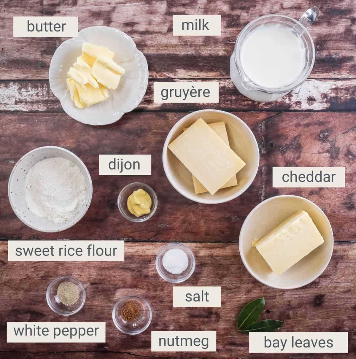Gluten-Free Cheese Sauce ingredients on table.