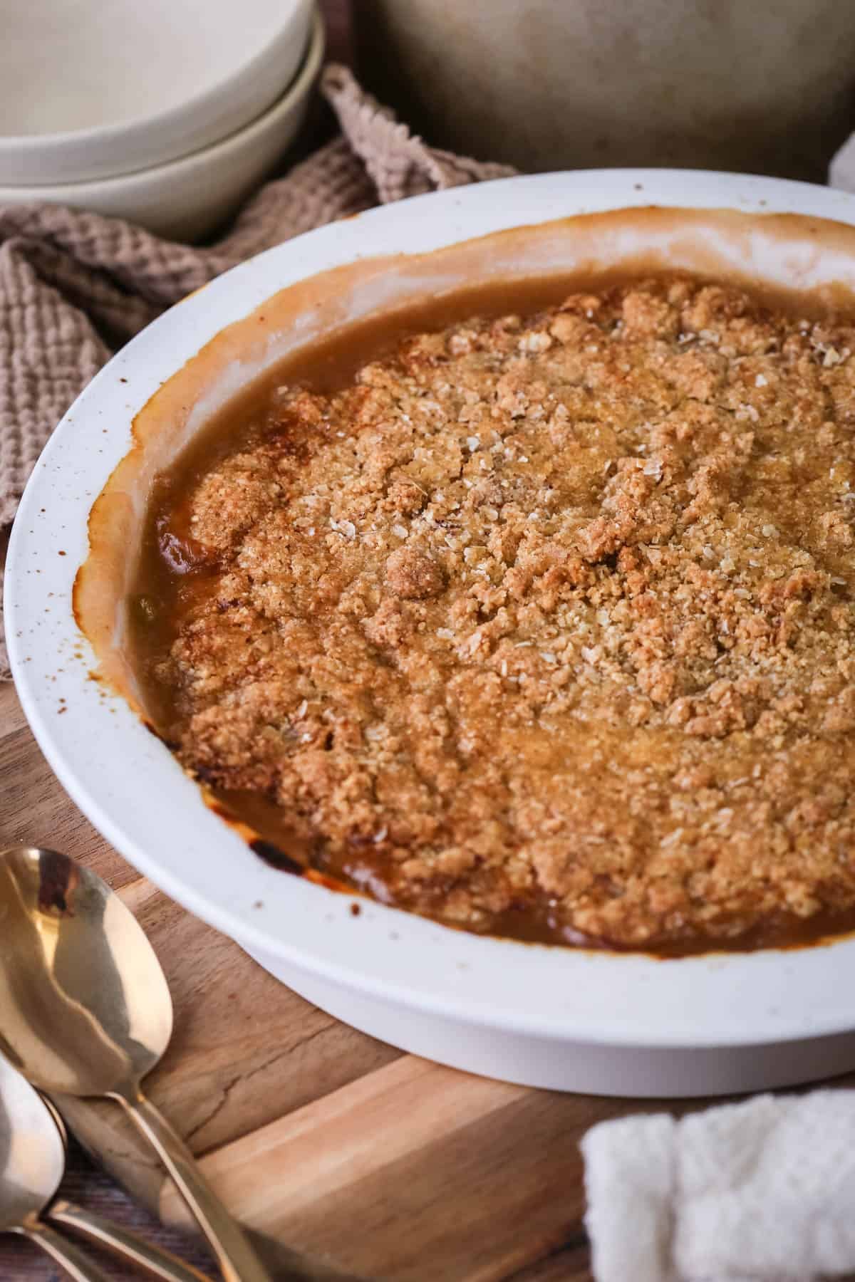 Gluten-Free Rhubarb Crumble in baking dish.