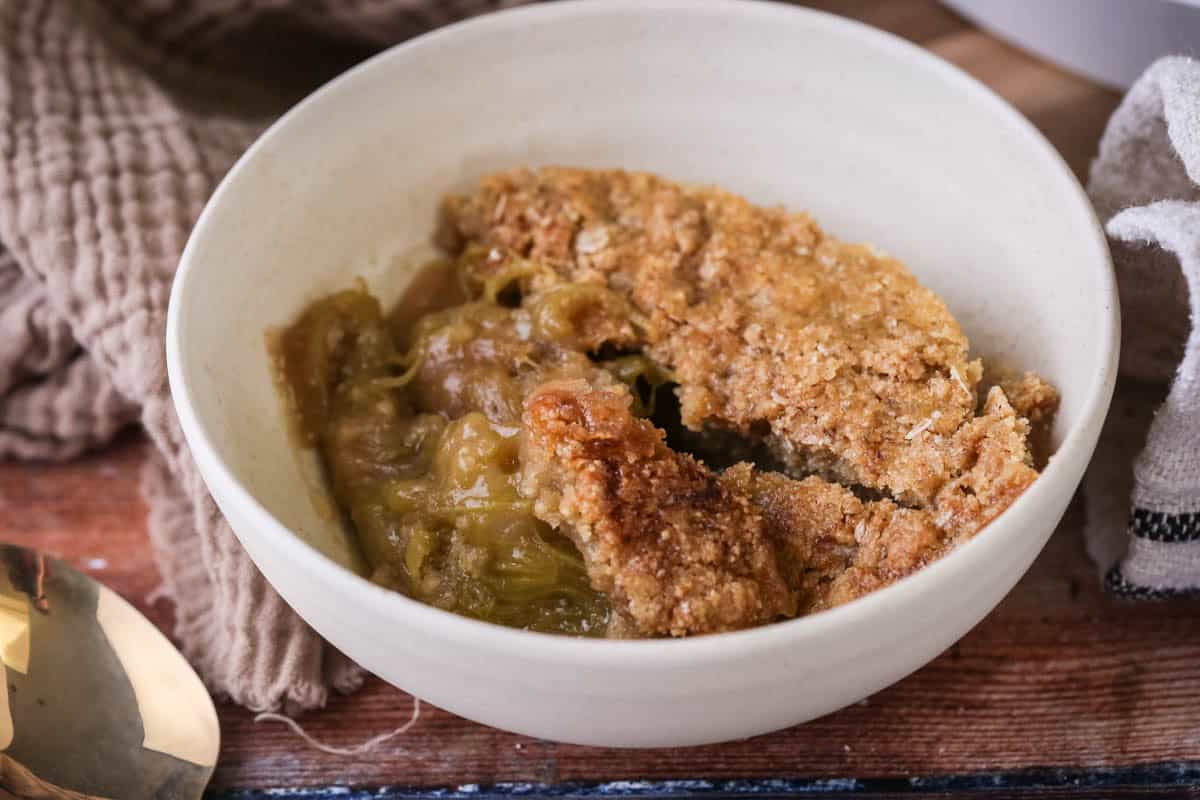 Gluten-Free Rhubarb Crumble served into a bowl.