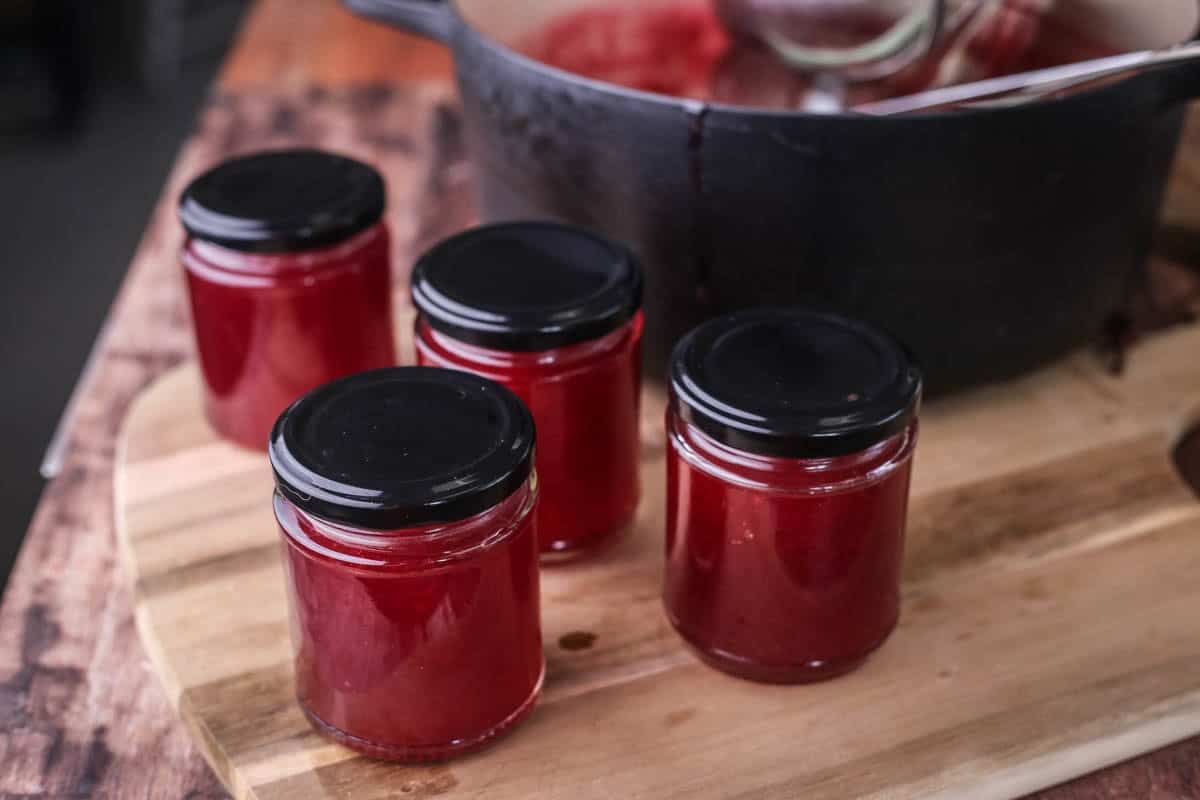 Jars of raspberry jam.