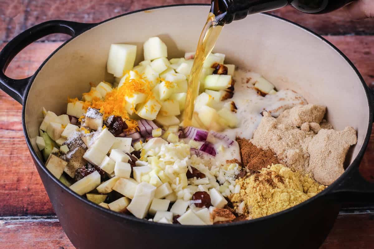 Dutch over filled with chutney ingredients.