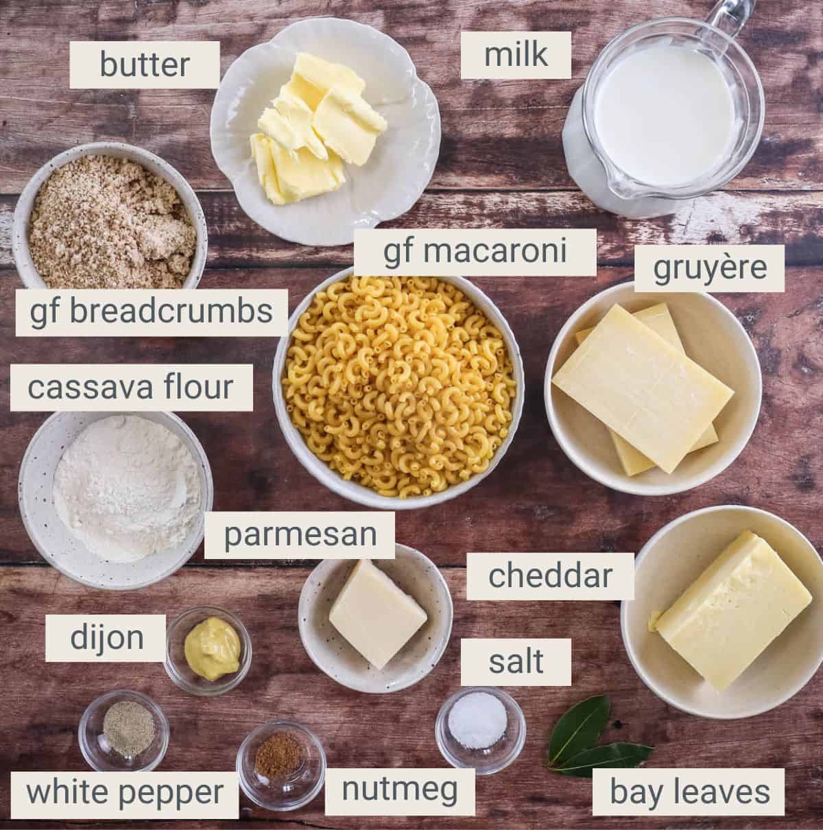 Gluten-Free Macaroni Cheese ingredients on table.