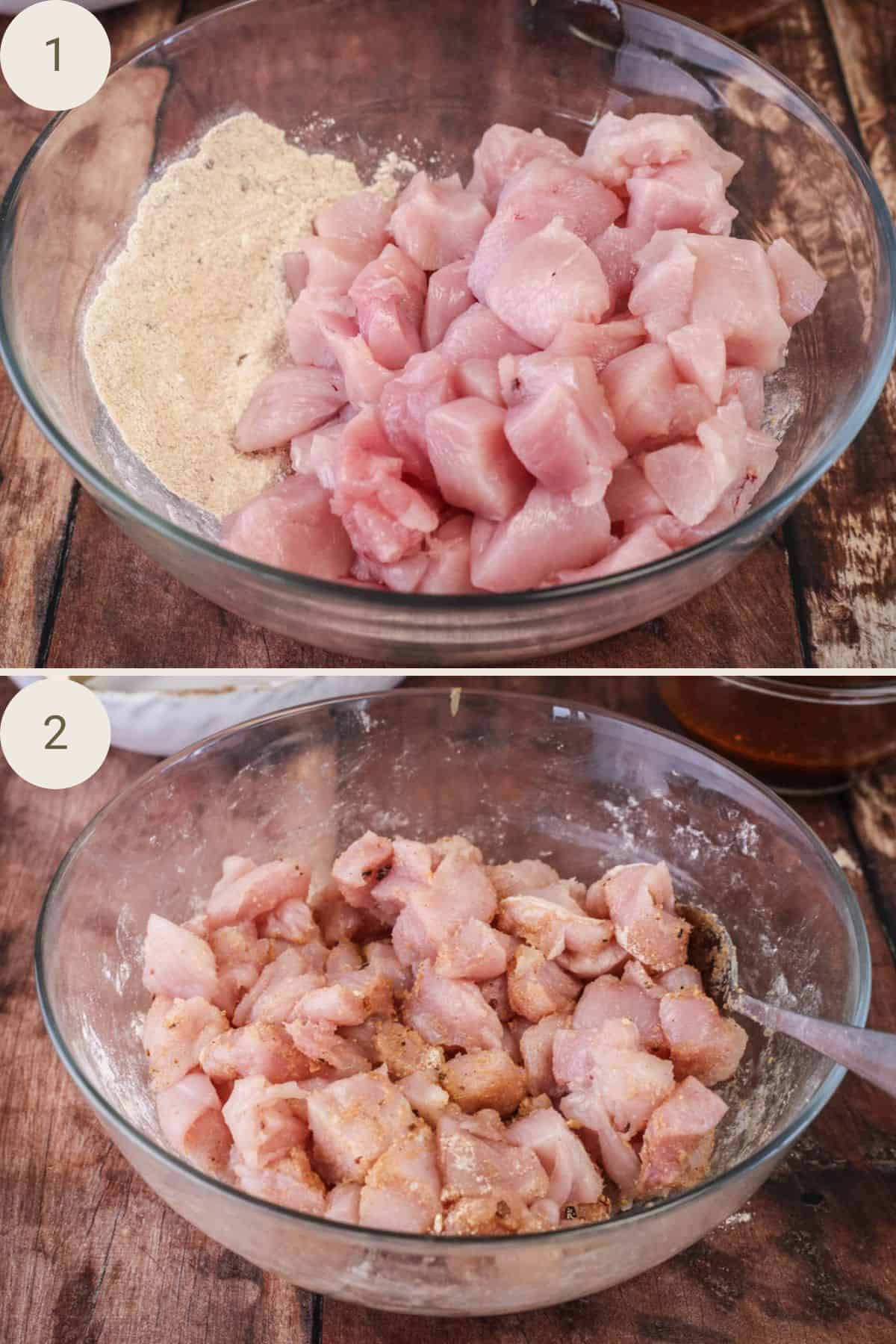 Diced chicken tossed with stir fry seasoning and cornflour to coat.