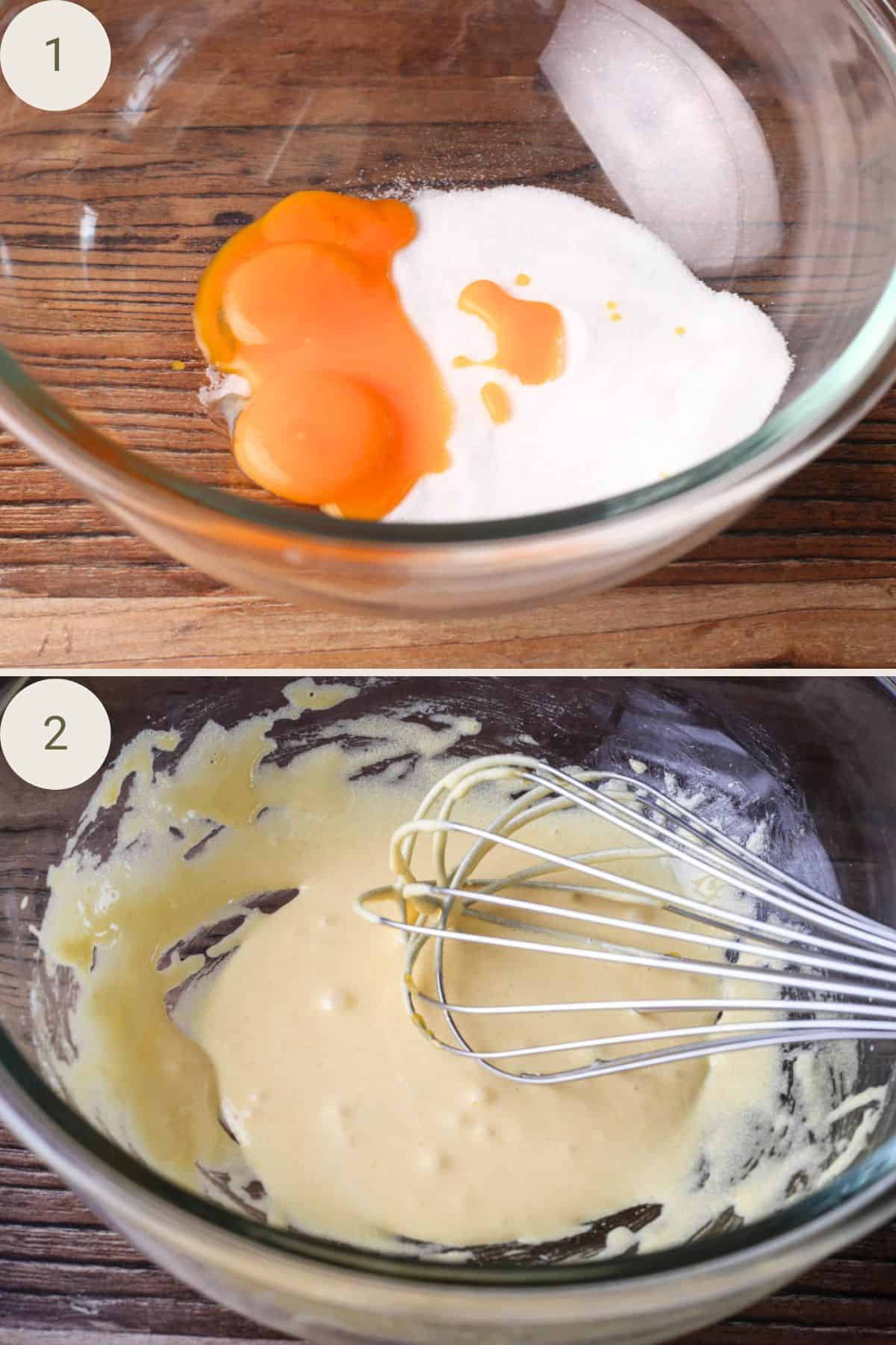 Egg yolks and sugar in a bowl. Whisked together until pale thick and creamy.