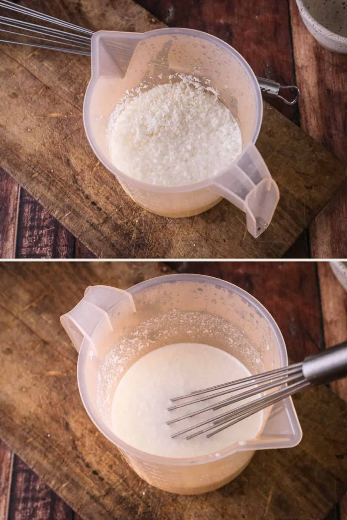 Desiccated coconut and creamed coconut hydrated in a measuring jug of just boiled water.