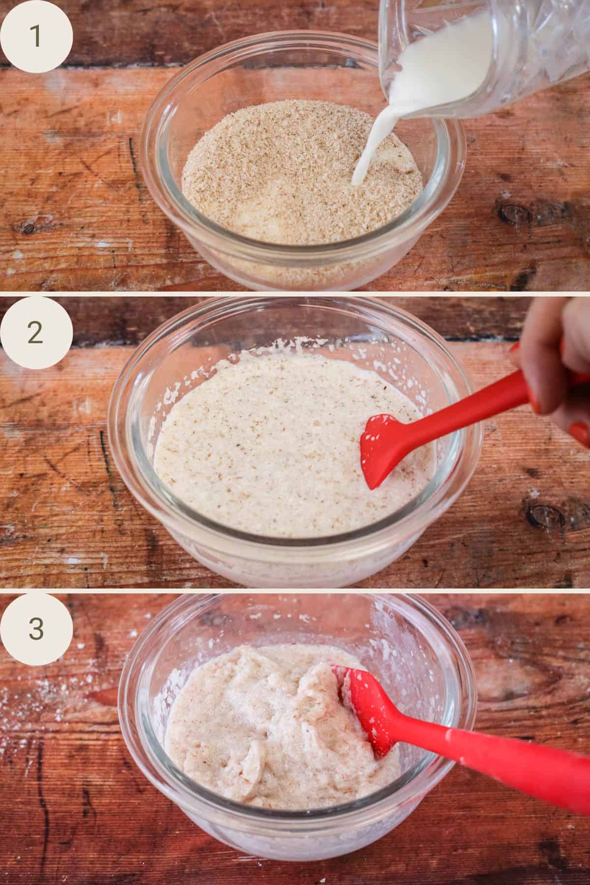Milk poured into psyllium husk in a small bowl, mixed together and left until a thick gel has formed.