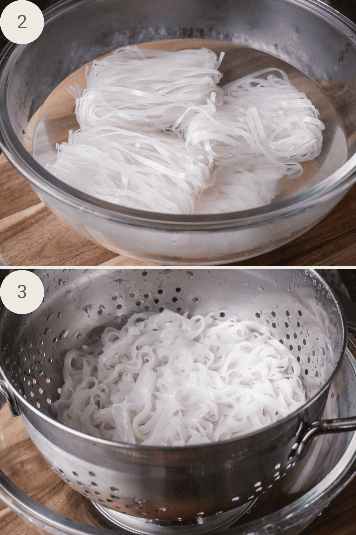 Rice noodles soaking in boiled water and then draining in a colander.