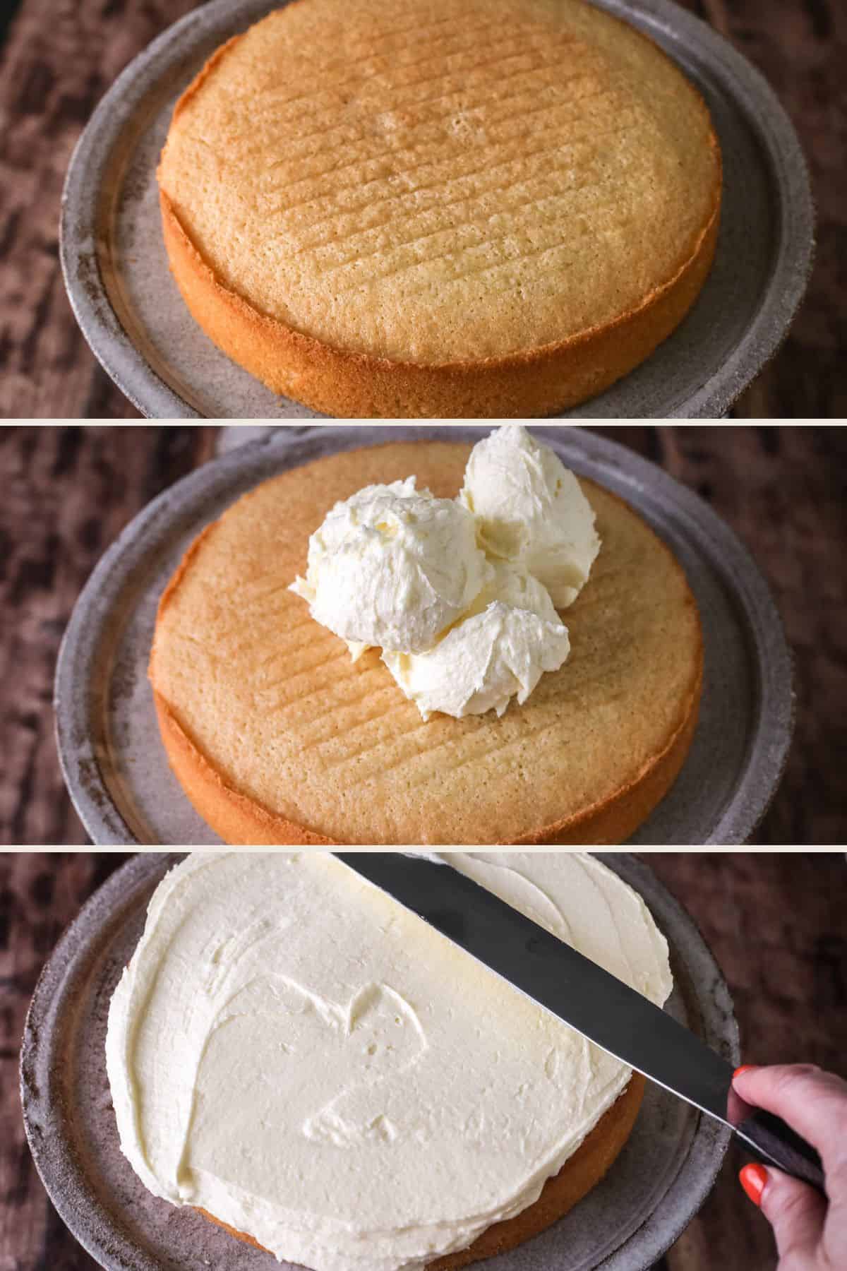 First sponge cake placed on cake plate. Buttercream added on top then smoothed.