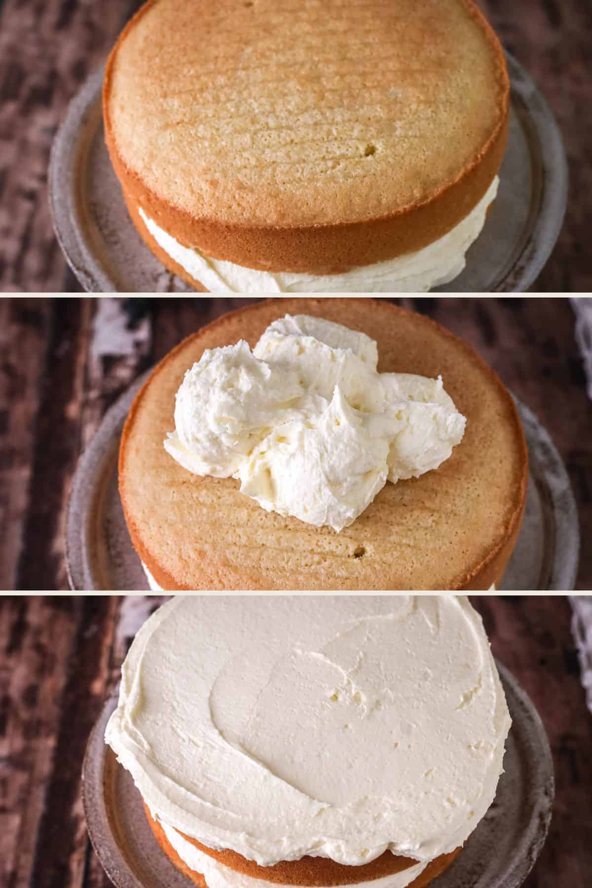 Second cake layer added to the cake. Buttercream added to the top then smoothed.