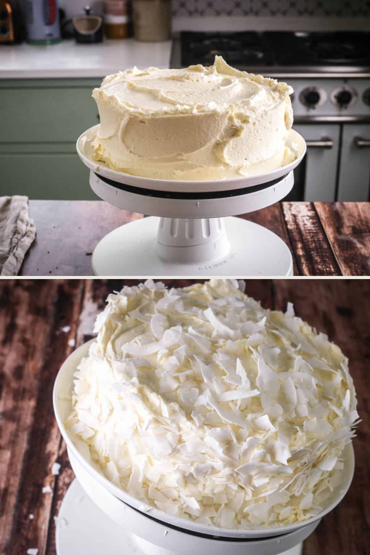 Coconut buttercream covering the cake on a cake turntable. Turntable tilted so the cake can be decorated with the coconut flakes.