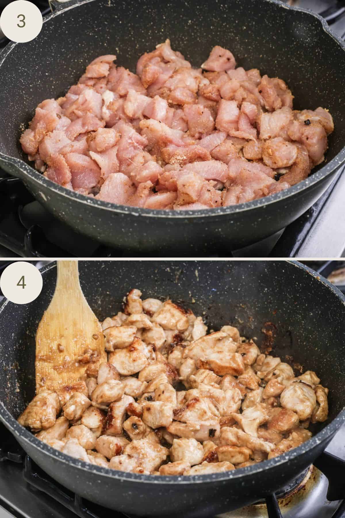 Seasoned chicken cooking in a large pan.