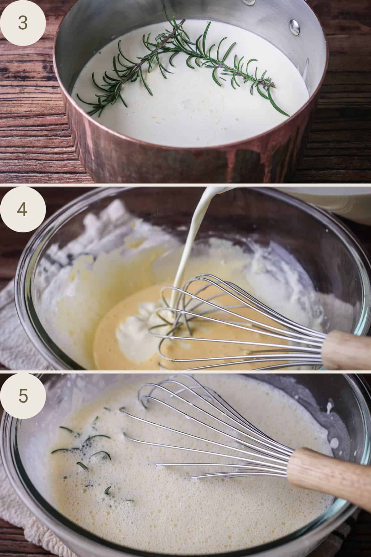 Rosemary in saucepan with cream and milk and heated up. Heated cream milk mixture poured into whisked eggs.