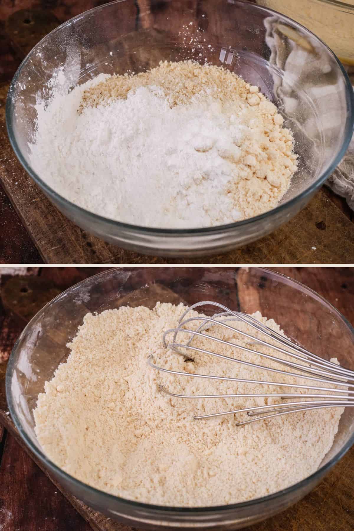 Dry ingredients for coconut cake whisked together in a large glass mixing bowl.