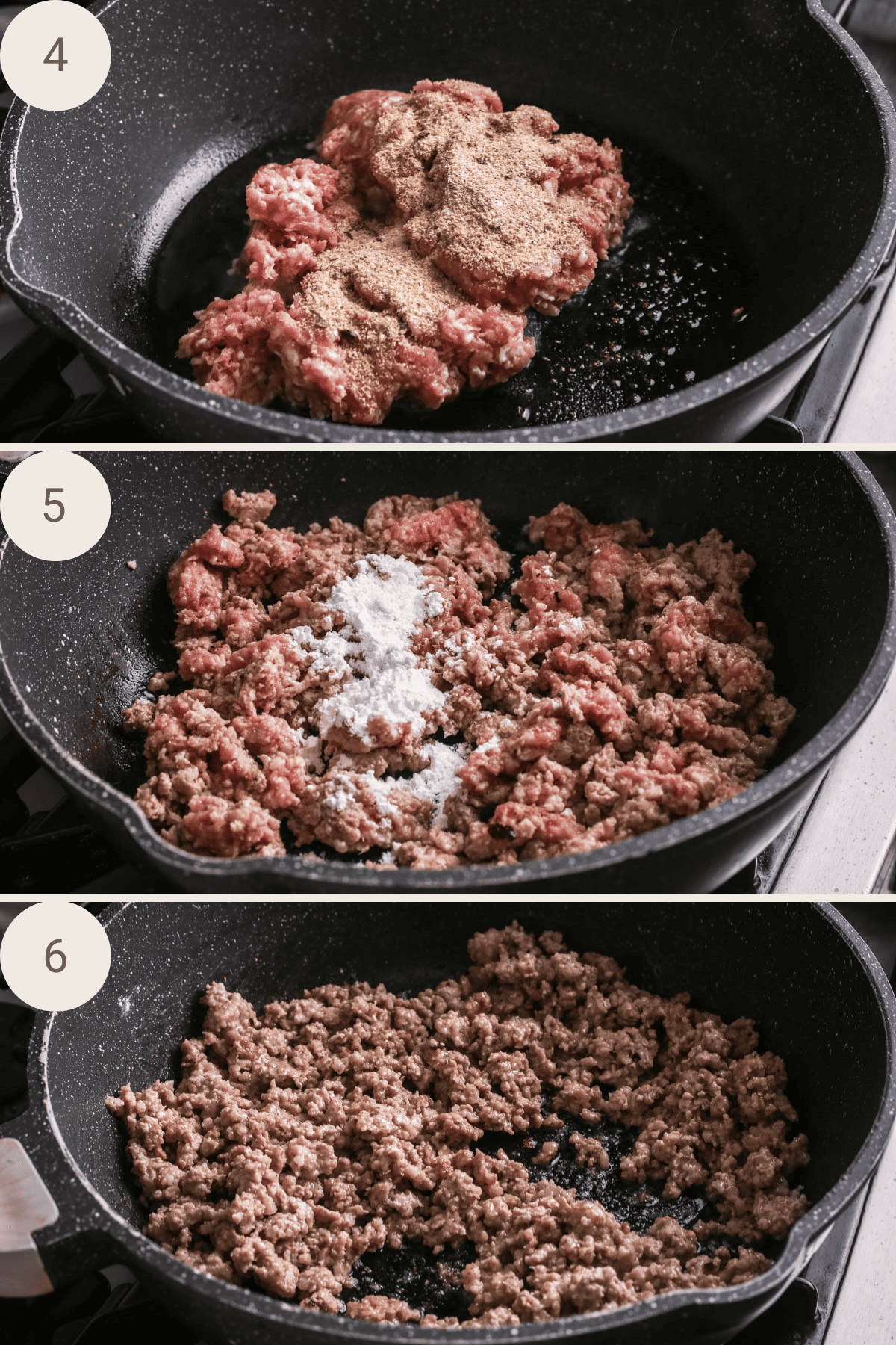 Stir fry seasoning and cornflour added to pork mince and mixed together in large pan.