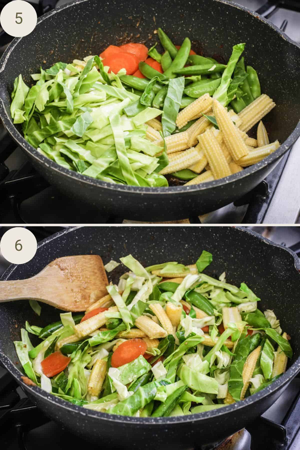 Vegetables cooking in a large pan.