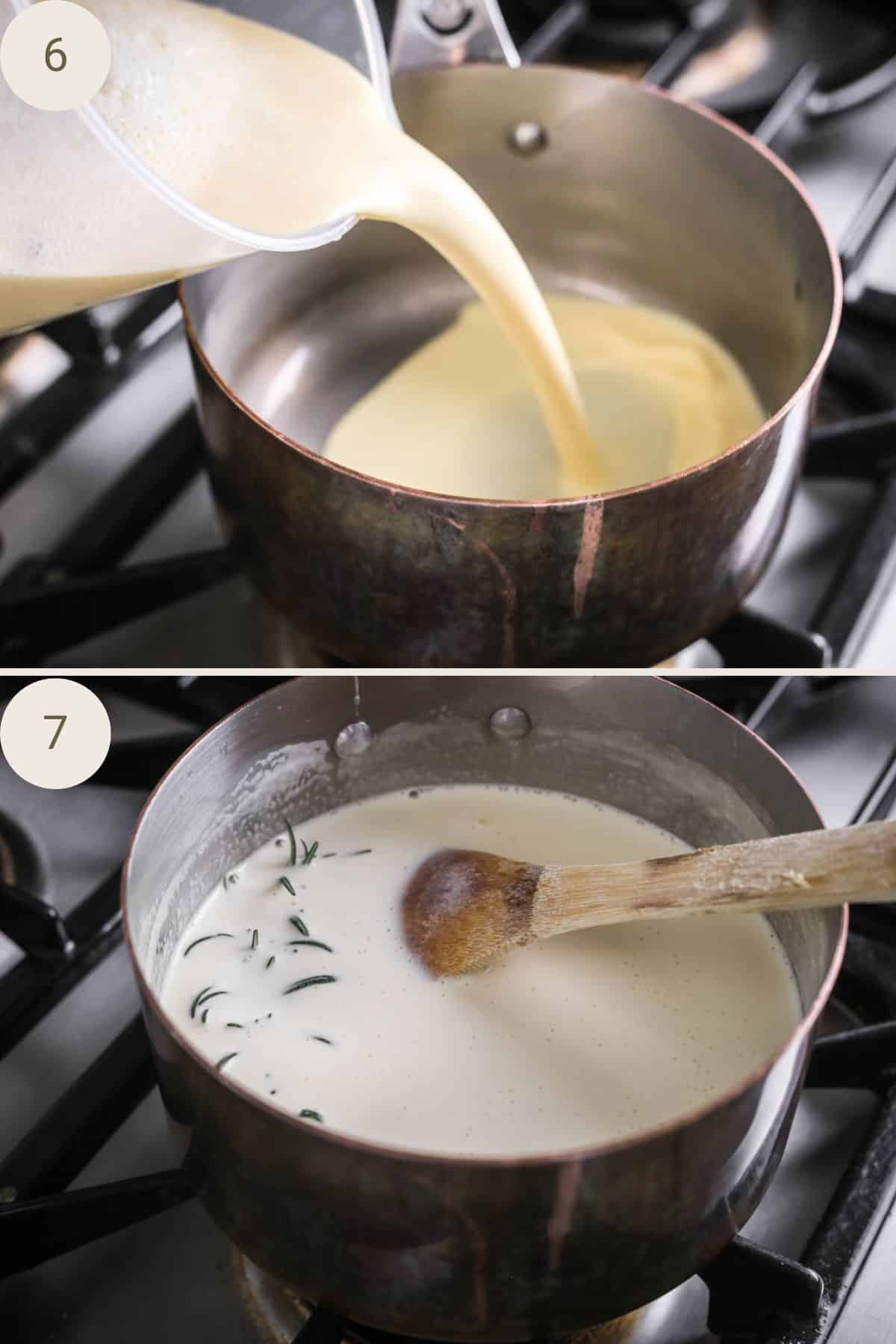 Ice cream custard base poured into saucepan and heated until thickened.