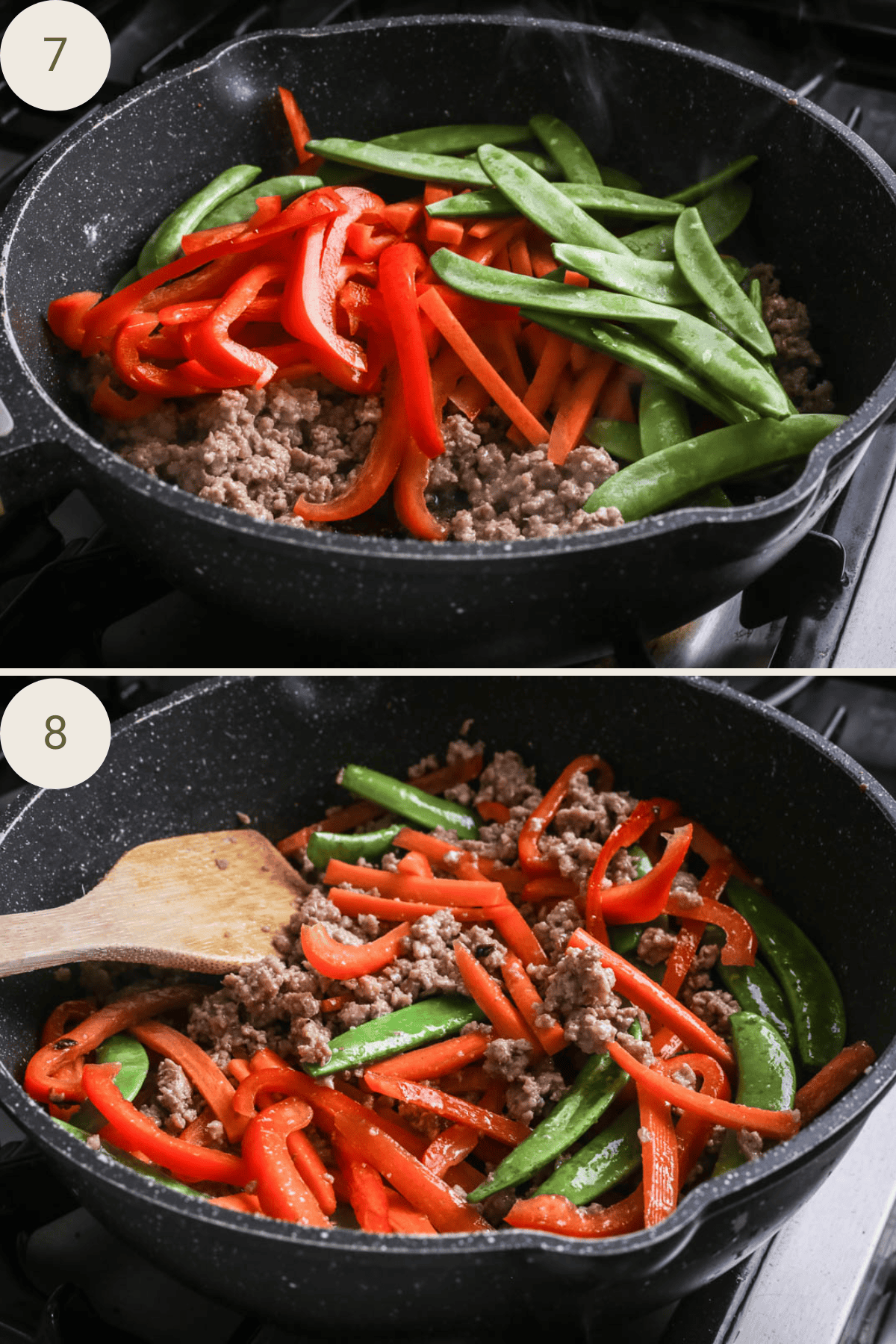 Sugar snap peas and red pepper added to pork mince.