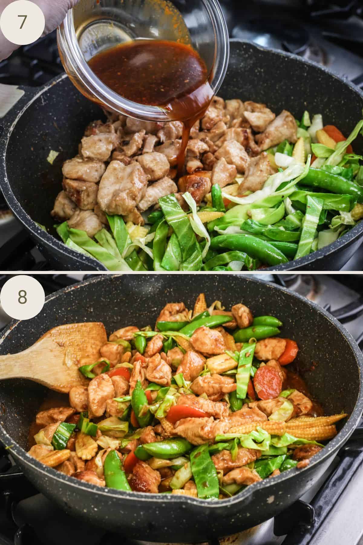 Stir fry sauce poured into chicken and vegetables in a large pan. Tossed to mix.