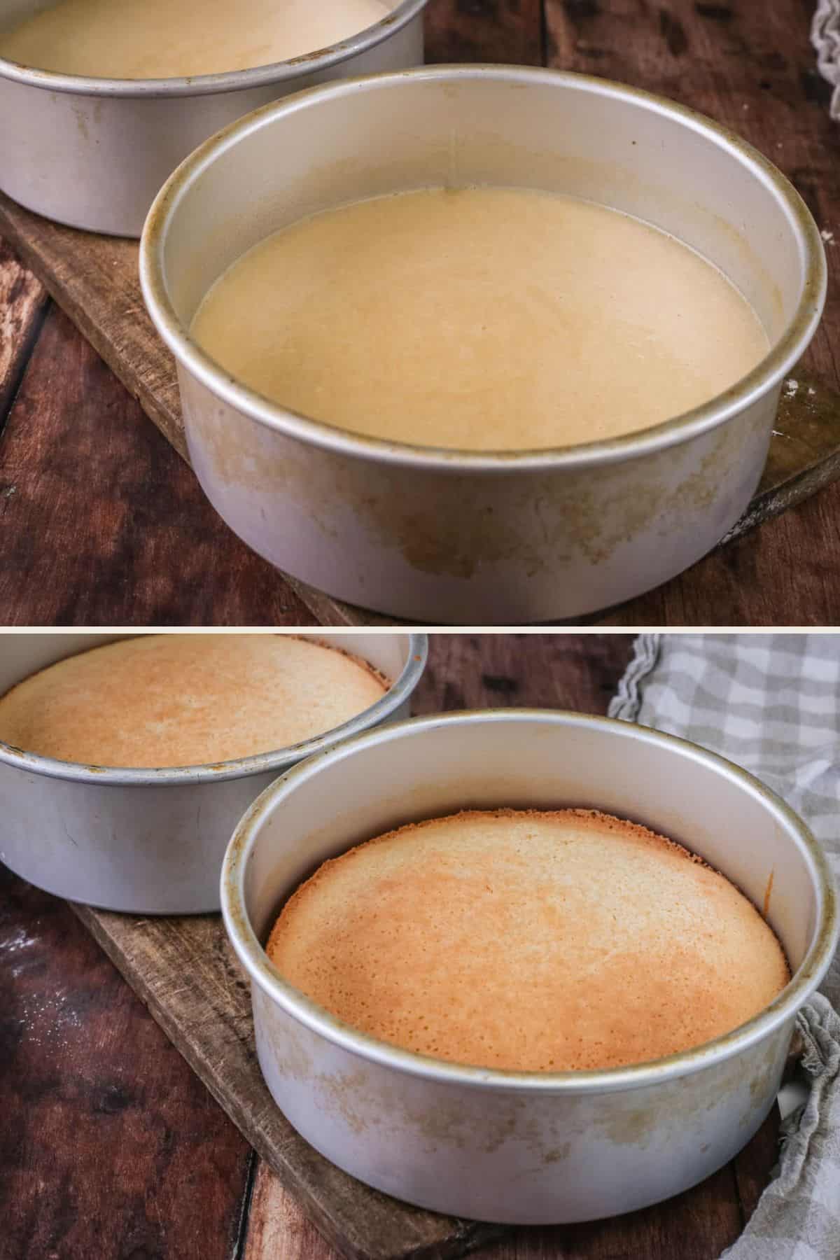 Cake batter poured into cake tins. Baked golden.