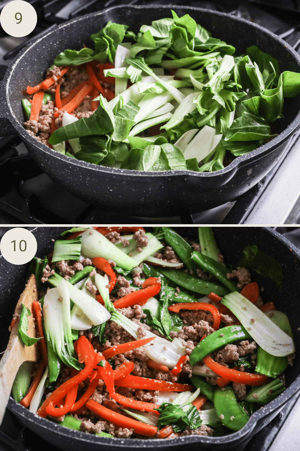 Pak choi added to pork mince and vegetables.