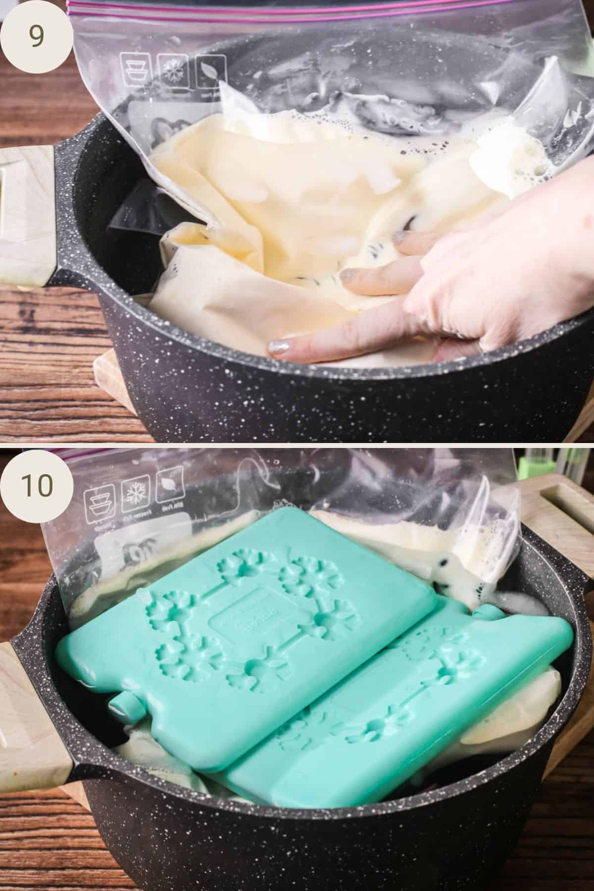 Food storage bag with ice cream custard inside placed into ice bath. Packed in with ice blocks.