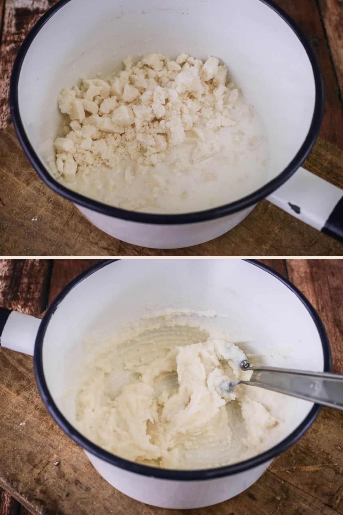 Creamed coconut added to warmed milk and mixed to form a thick smooth paste.