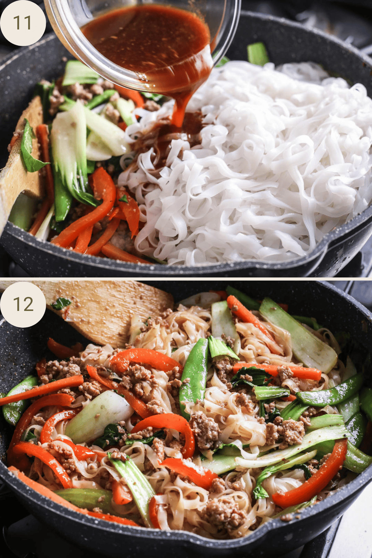 Rice noodles and stir fry sauce added to pork mince and vegetables and tossed to coat.