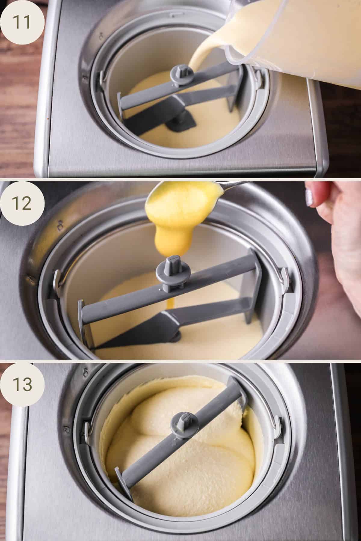 After chilling ice cream custard base poured into ice cream machine to churn. Orange curd added and churned.