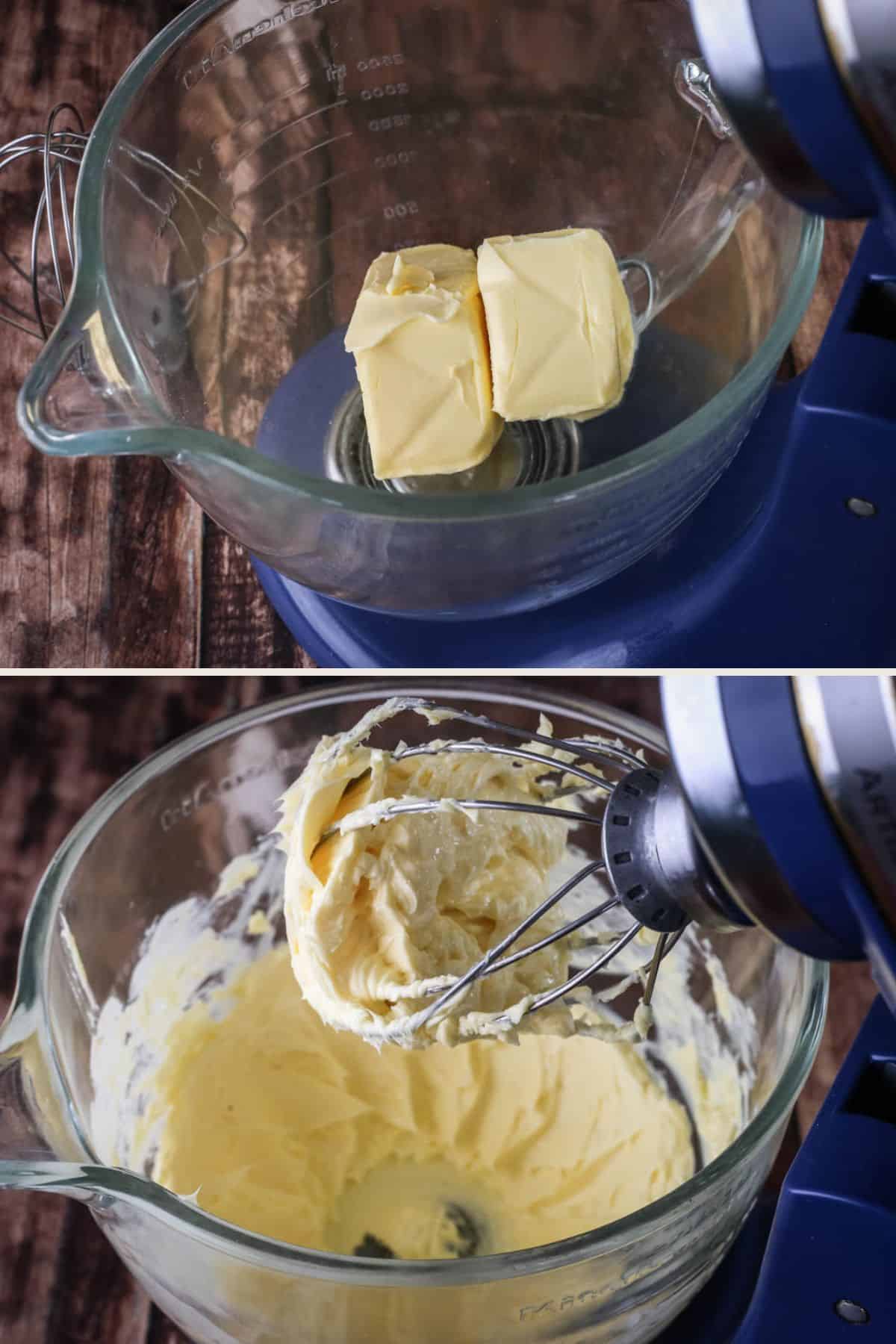 Room temperature butter added to bowl of stand mixer and whipped until light and fluffy.