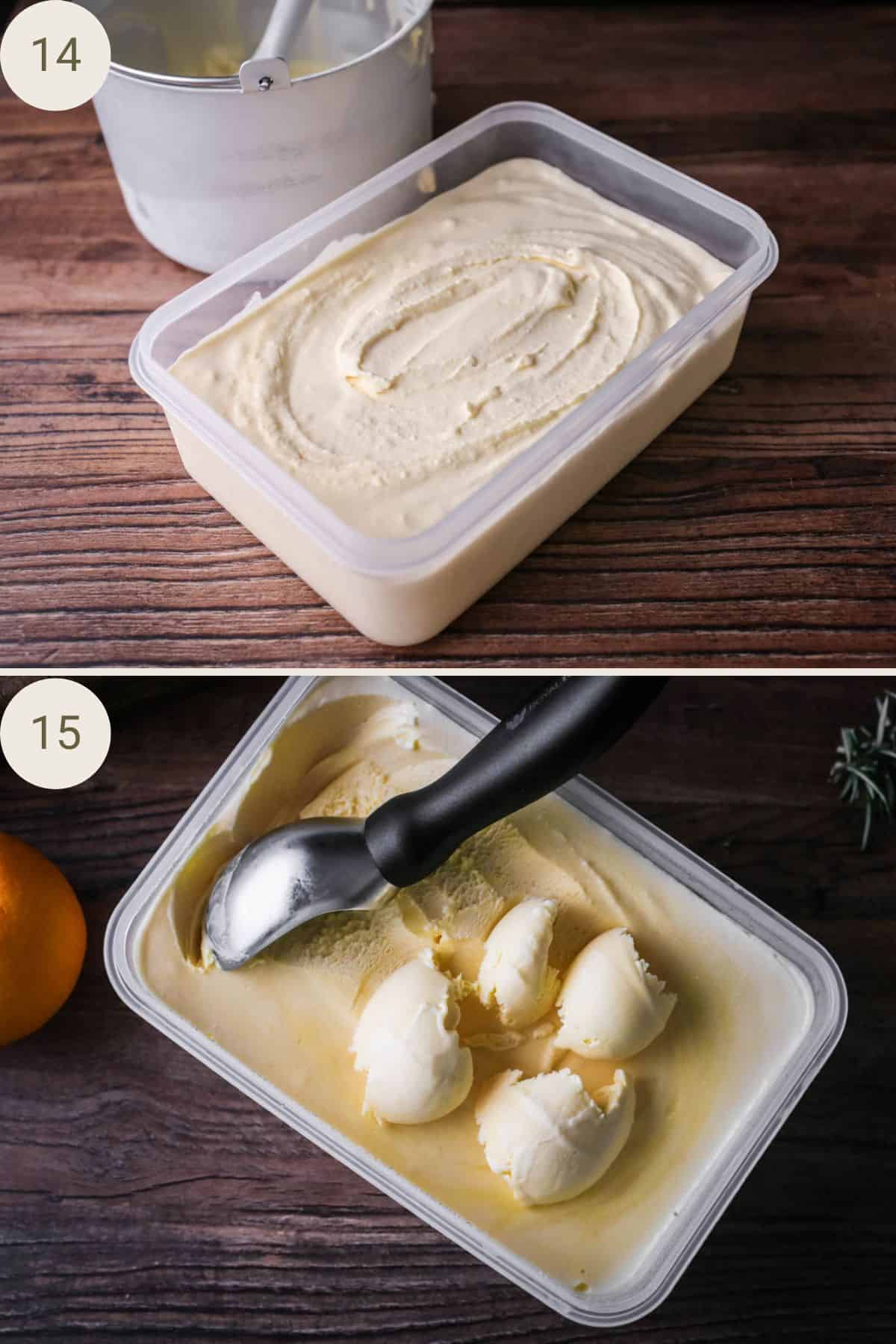 Orange ice cream poured into airtight container. After freezing ice cream scoop scooping out ice cream.