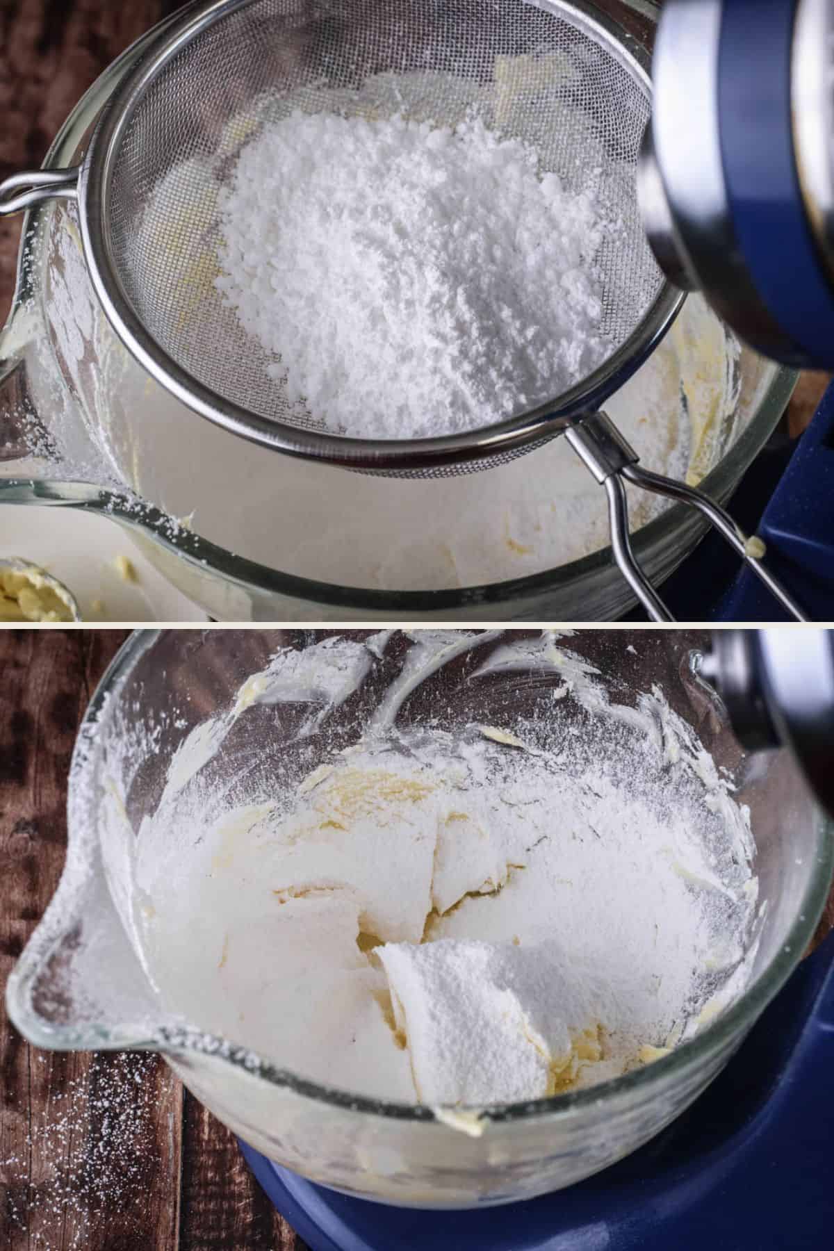 Icing sugar sieved into whipped butter.