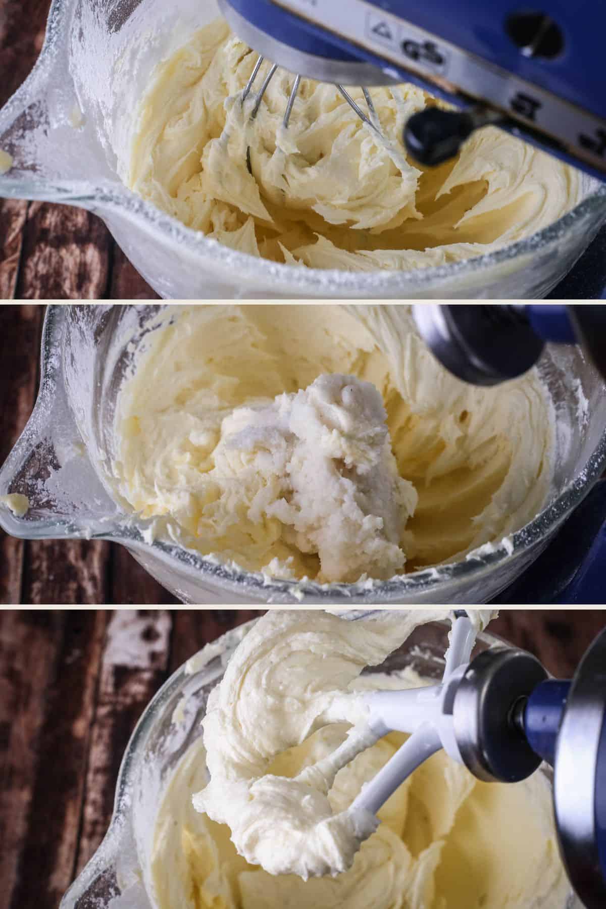 Creamy light and fluffy butter and icing sugar buttercream. Creamed coconut paste, salt and rice vinegar added. Mixed to combine.