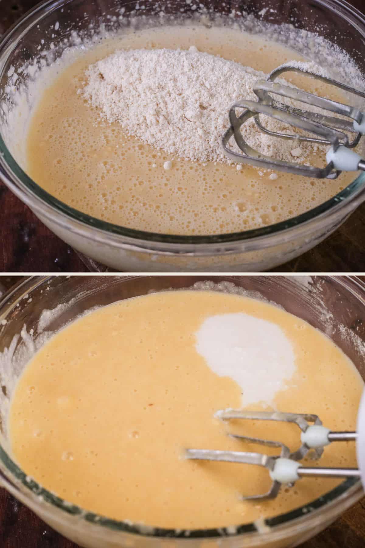 Flour added to the wet ingredients, followed by the coconut mixture.