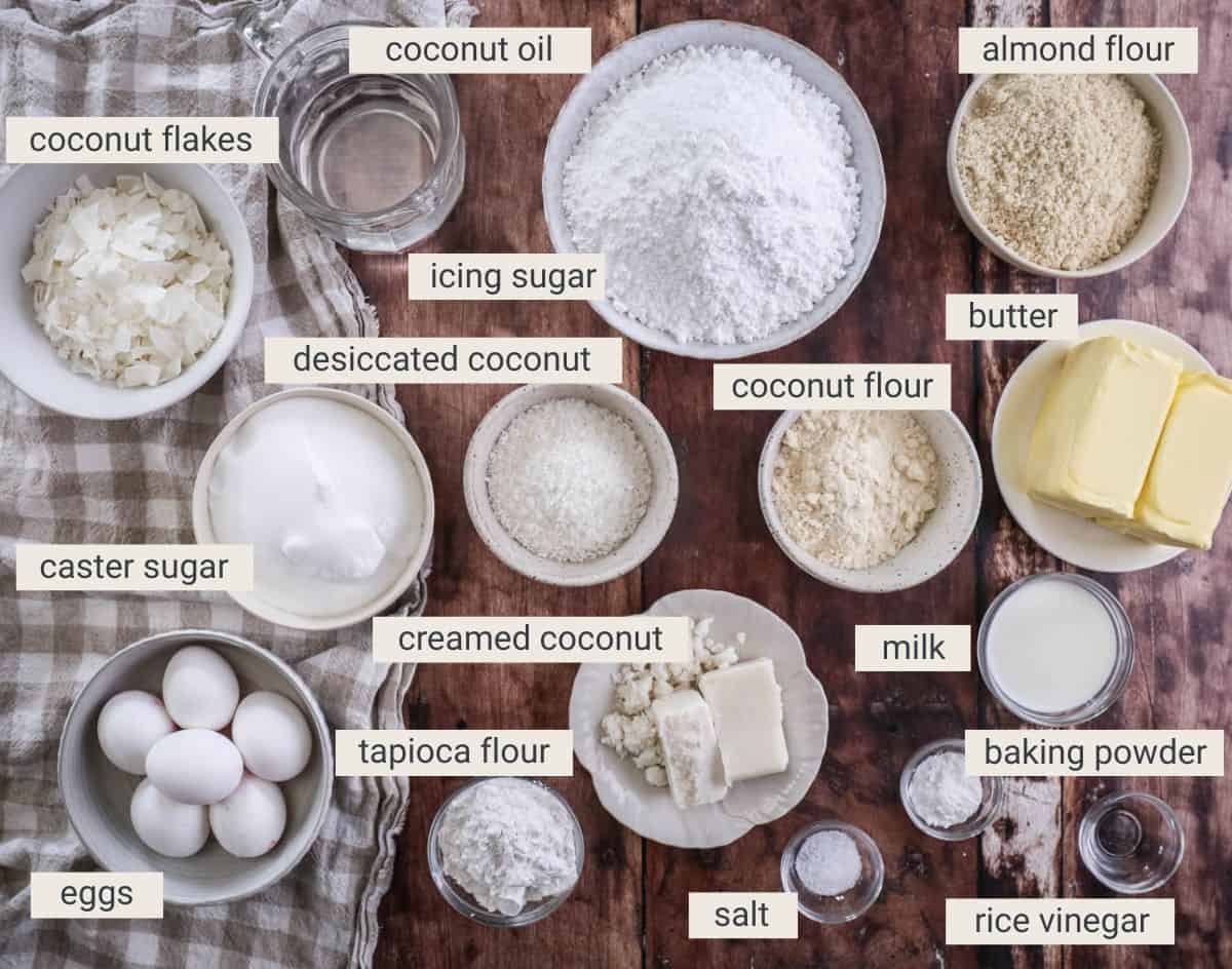 Gluten-Free Coconut Cake ingredients on a table.