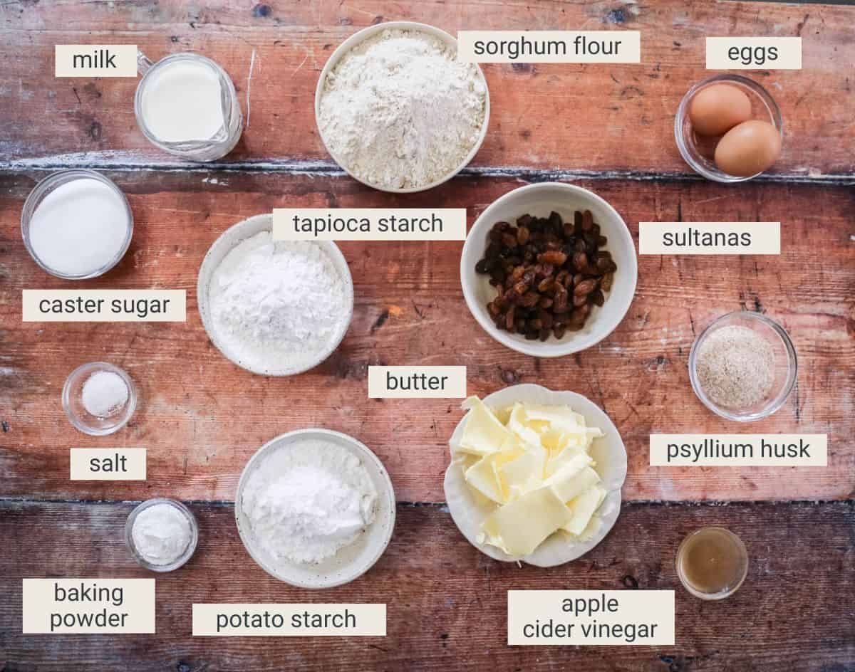 Gluten Free Fruit Scones ingredients on a table.