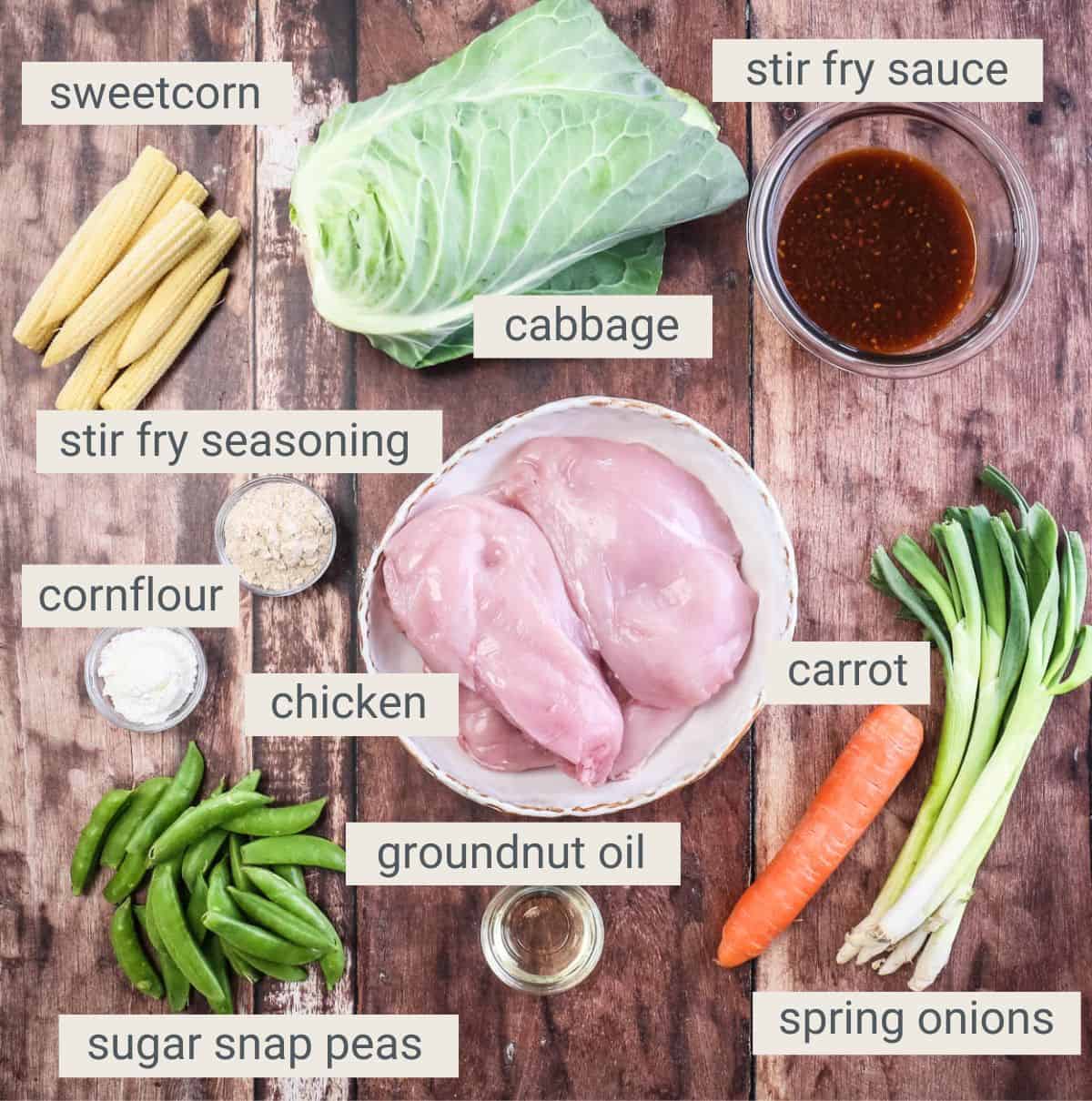 GF Chicken Stir Fry ingredients on a table.