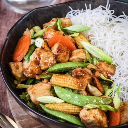 Gluten Free Chicken Stir Fry in a bowl with noodles.