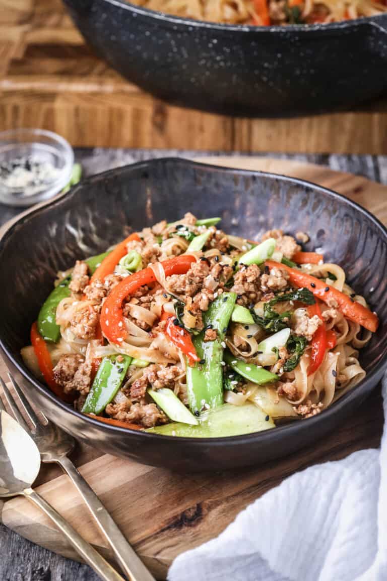 Pork Mince Stir Fry Noodles in a bowl.