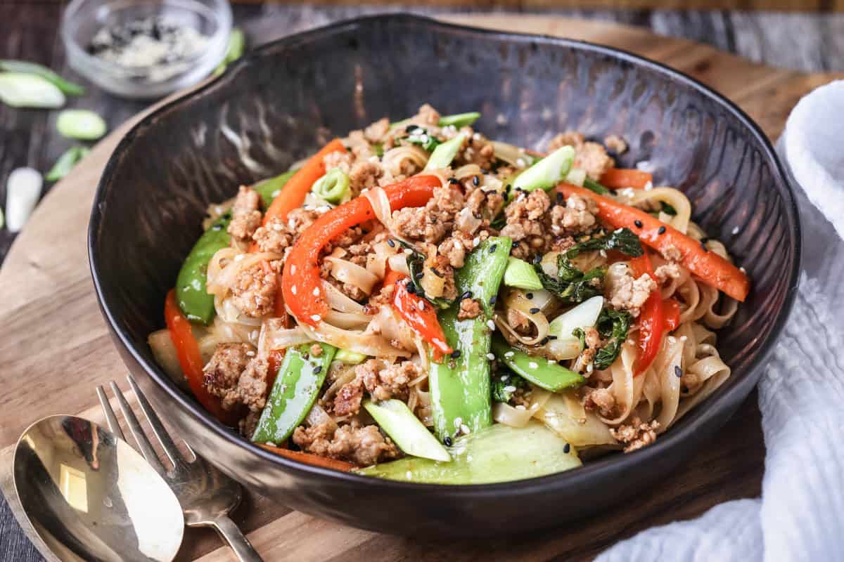 Pork Mince Stir Fry Noodles in a bowl.