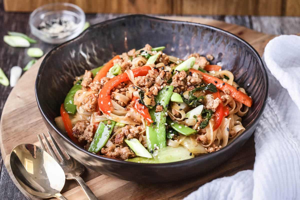 Pork Mince Stir Fry Noodles in a bowl.