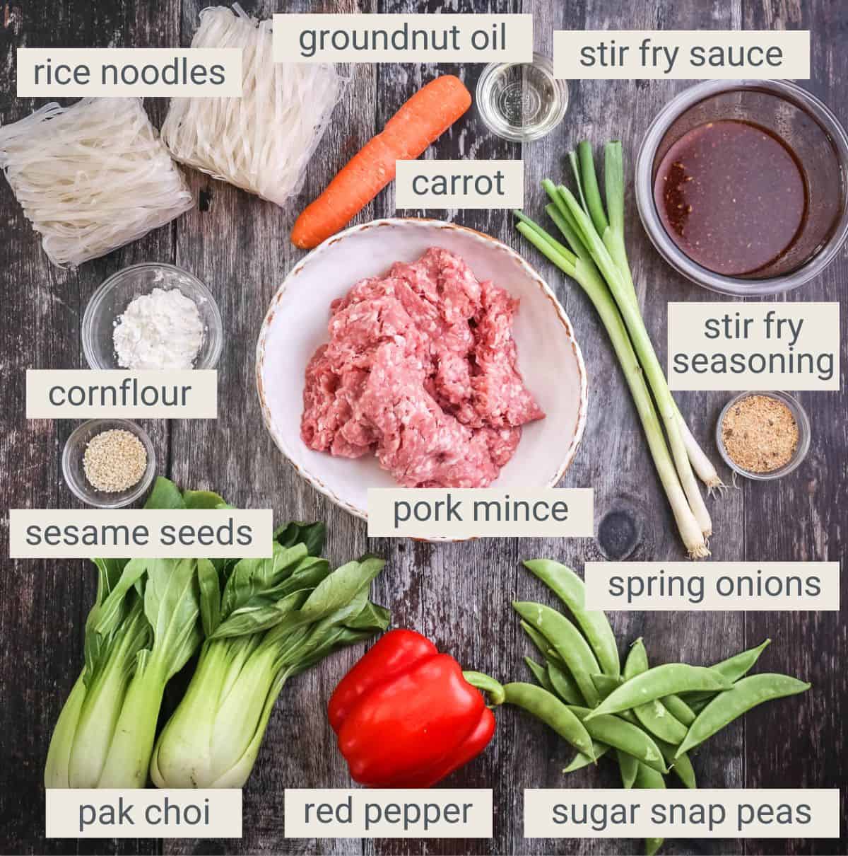 Pork Mince Stir Fry ingredients on a table.
