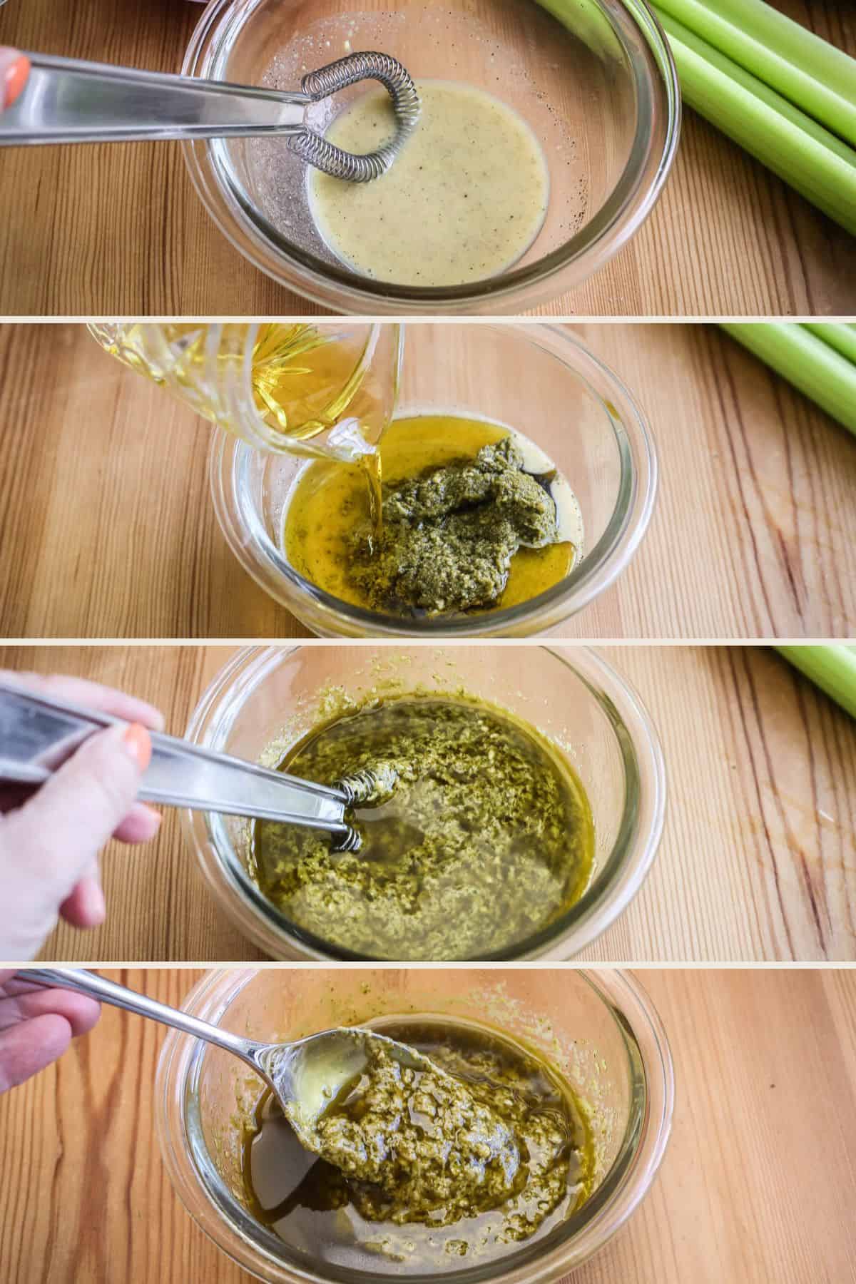 Mustard and lemon juice mixed in bowl, pesto and olive oil poured in and whisked together.